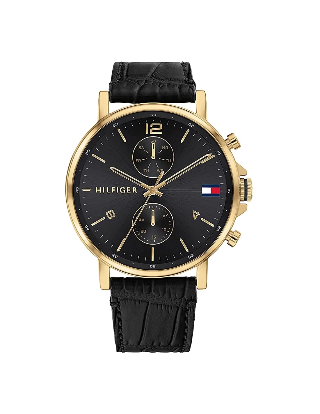Montre Homme Tommy Hilfiger 1710417 - Boîtier Or, Cadran Noir, Bracelet Cuir