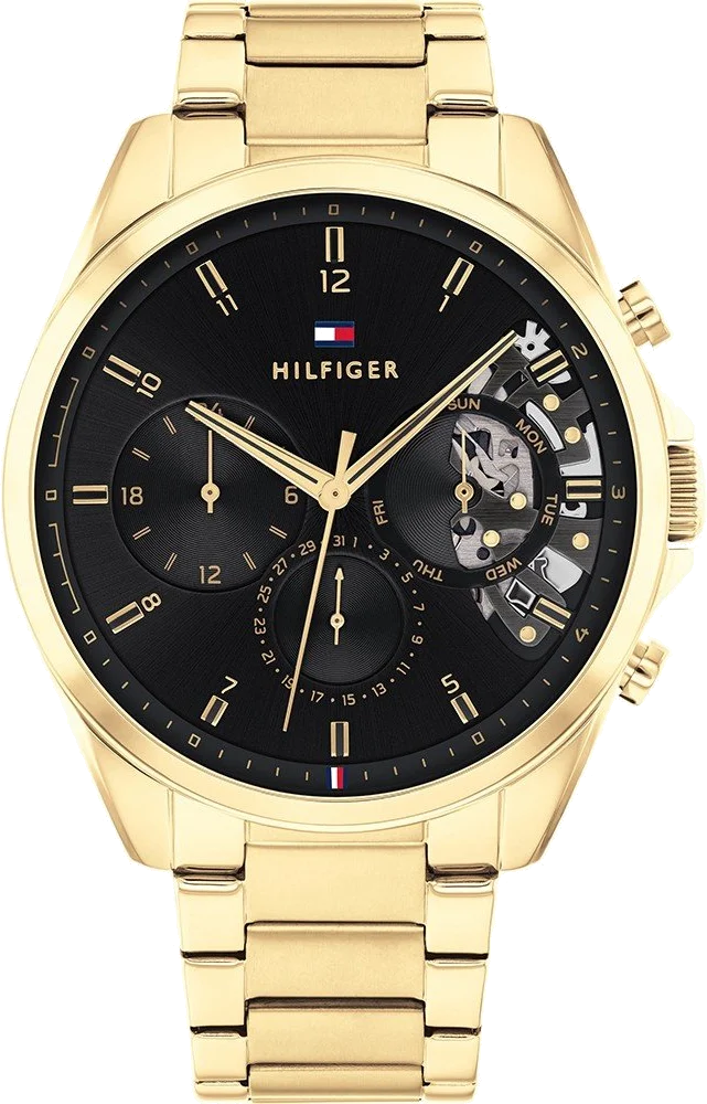 Montre Homme Tommy Hilfiger 1710447 Baker - Boîtier Acier Doré 44mm, Cadran Squelette Noir