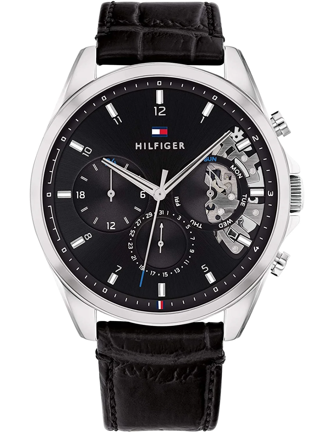 Montre Homme Tommy Hilfiger 1710449 Squelette Acier Doré Cadran Noir Bracelet Cuir