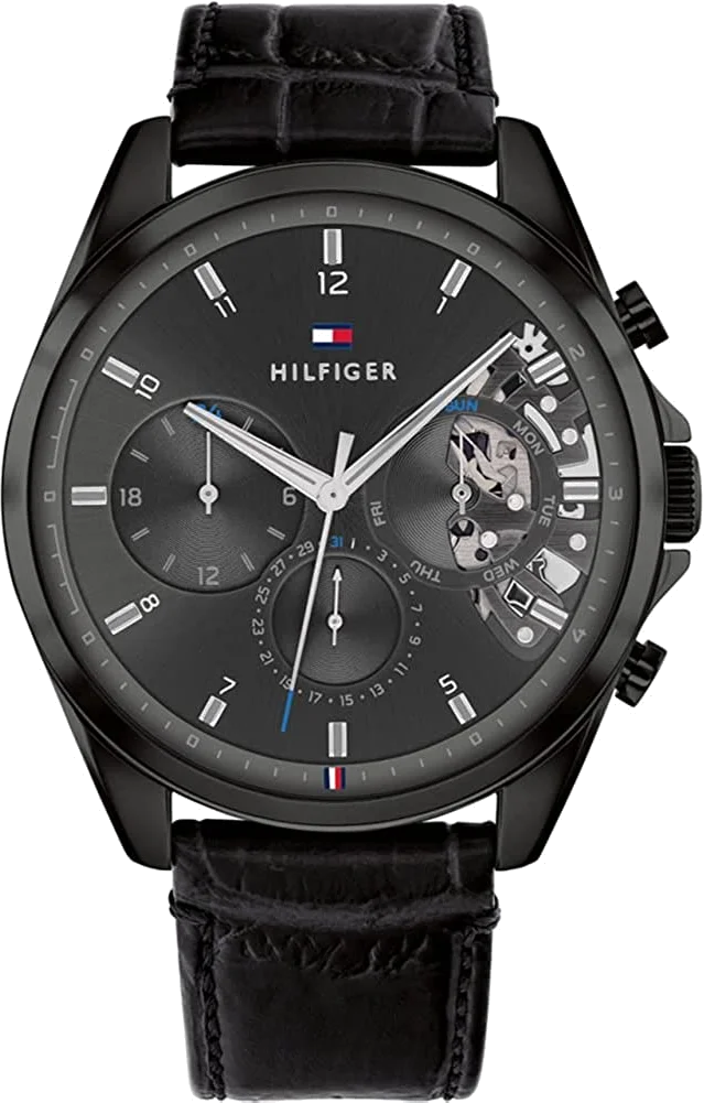 Montre Homme Tommy Hilfiger 1710452 Squelette - Boîtier Acier Or Rose, Cadran Noir, Bracelet Cuir Noir
