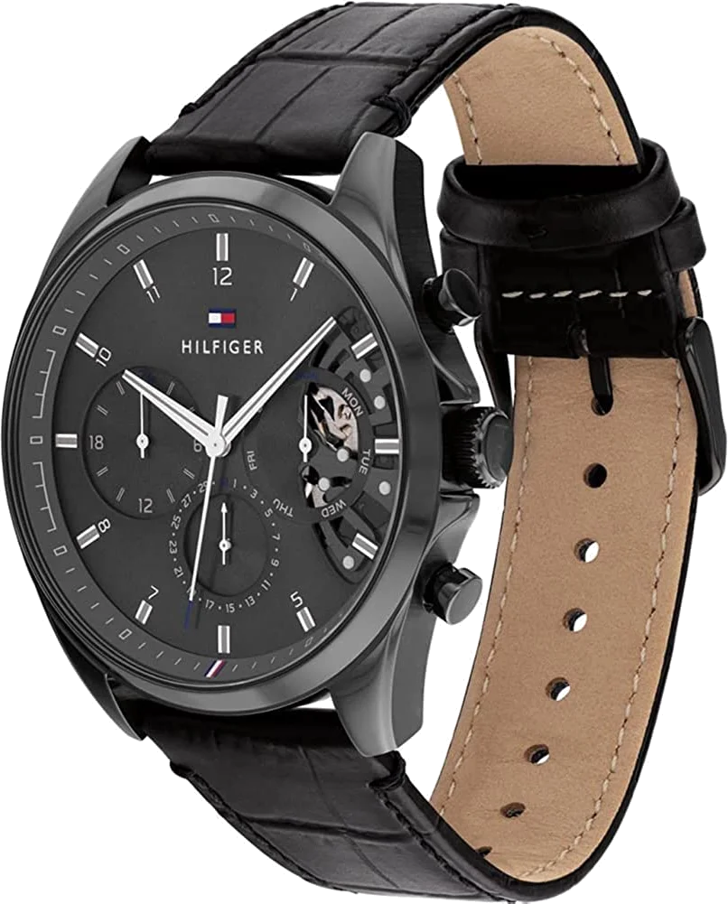 Montre Homme Tommy Hilfiger 1710452 Squelette - Boîtier Acier Or Rose, Cadran Noir, Bracelet Cuir Noir vue 3