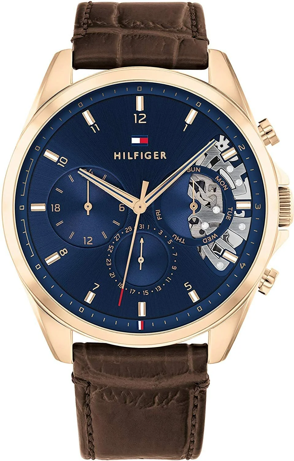 Montre Homme Tommy Hilfiger 1710453 Squelette Cadran Bleu Boîtier Or Rose Bracelet Cuir Marron