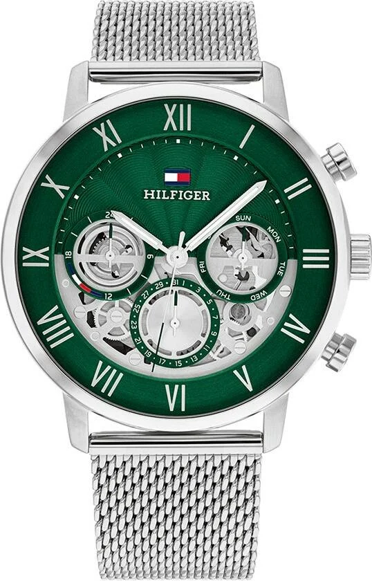 Montre Homme Tommy Hilfiger 1710567, Cadran Vert Squelette, Bracelet Acier Argenté