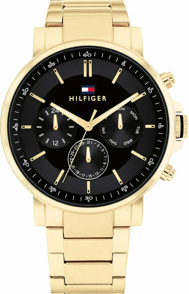 Montre Homme Tommy Hilfiger 1710589 Tyson - Boîtier et Bracelet Acier Doré, Cadran Noir Multifonctions
