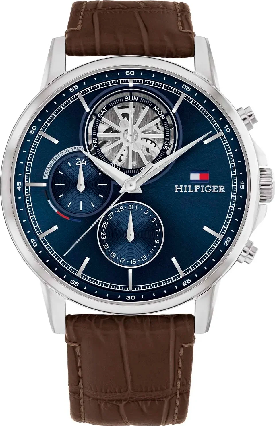Montre Homme Tommy Hilfiger Stewart 1710629 - Cadran Bleu Multifonctions, Bracelet Cuir Marron