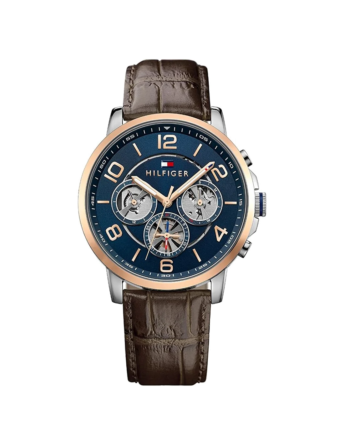 Montre Homme Tommy Hilfiger 1791290 - Boîtier Acier, Cadran Bleu Squelette, Bracelet Cuir Brun