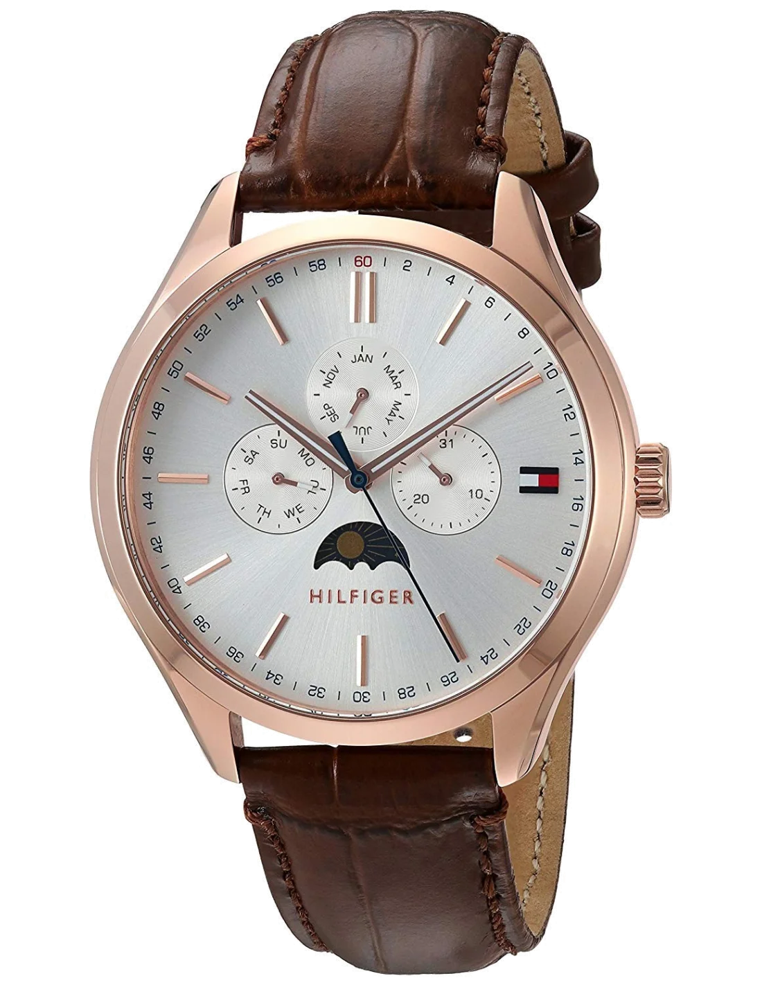 Montre Homme Tommy Hilfiger Oliver 1791306 - Cadran Blanc, Boîtier Or Rose, Bracelet Cuir Marron