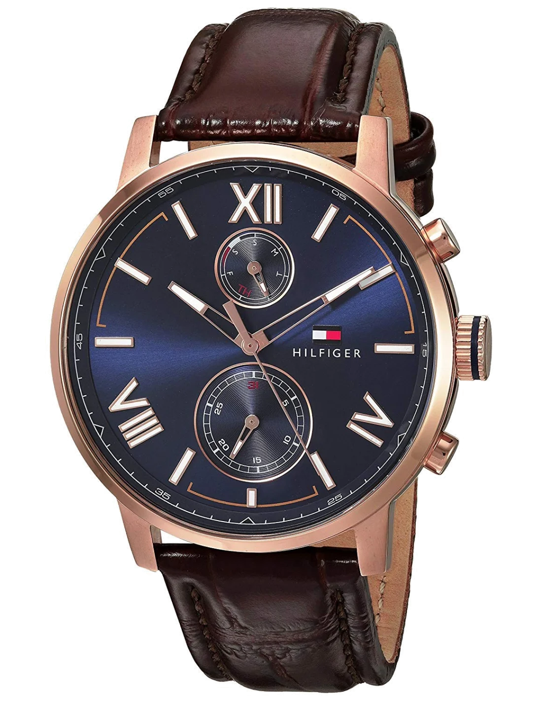 Montre Homme Tommy Hilfiger Alden 1791308 - Cadran Bleu, Boîtier Or Rose, Bracelet Cuir Marron