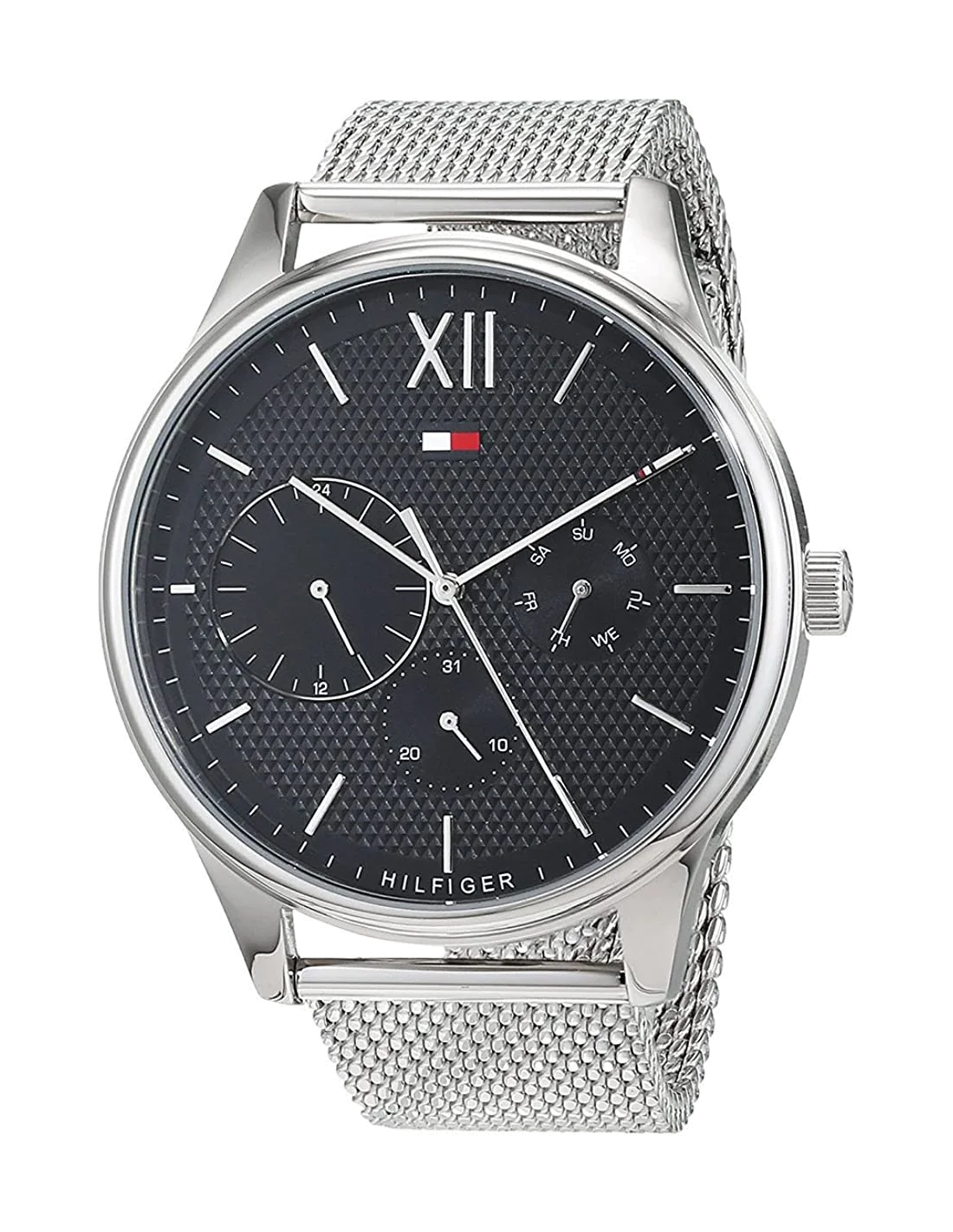 Montre Homme Tommy Hilfiger Damon 1791415 - Cadran Noir, Boîtier et Bracelet Maille Milanaise Argent