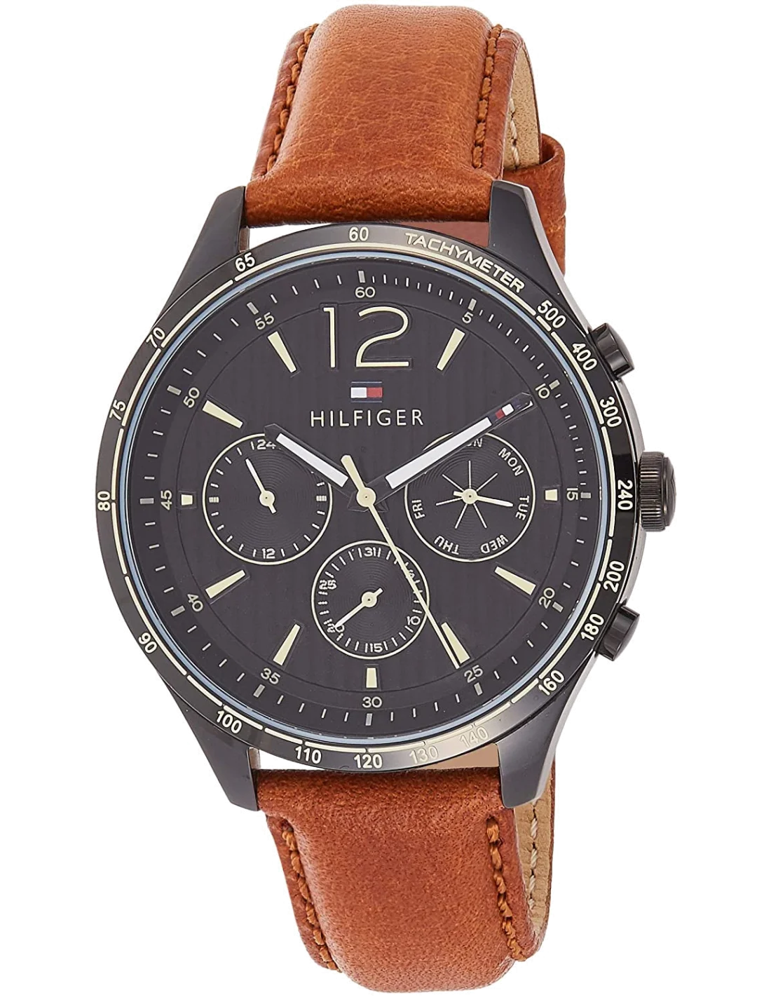 Montre Homme Tommy Hilfiger 1791470 - Cadran Bleu Soleillé, Boîtier Noir Acier, Bracelet Cuir Brun