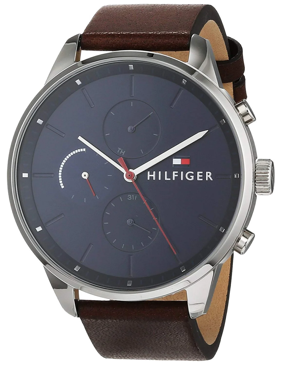 Montre Homme Tommy Hilfiger 1791487 Chase - Boîtier Acier, Cadran Bleu, Bracelet Cuir Marron