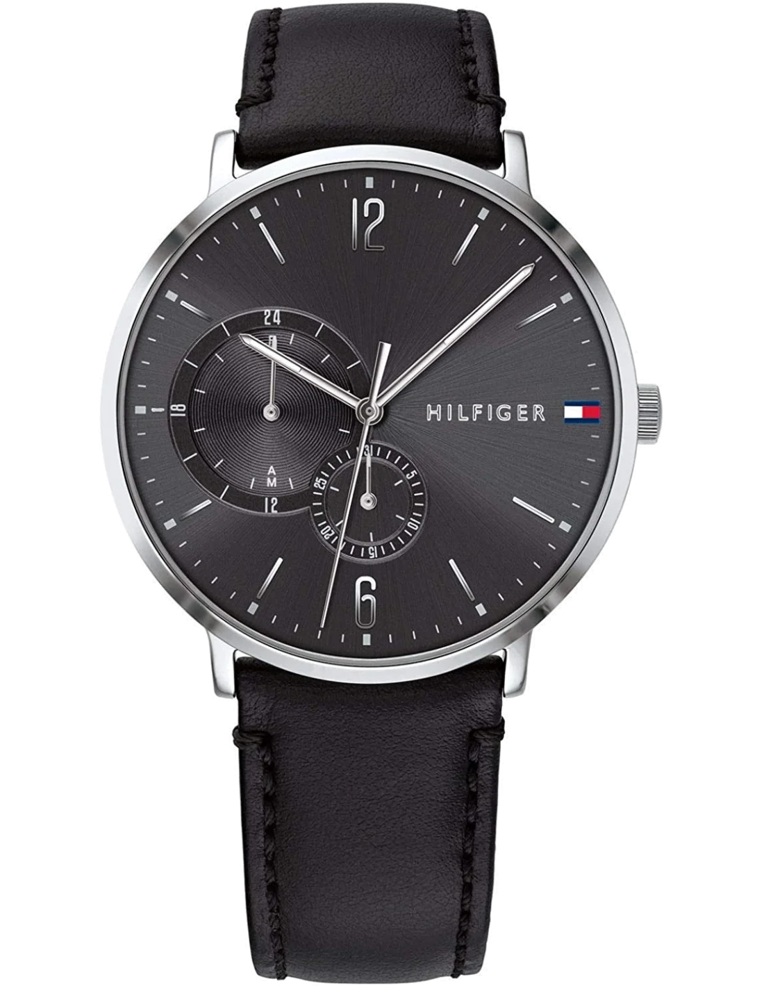 Montre Homme Tommy Hilfiger 1791509 - Boîtier Acier Argenté, Cadran et Bracelet Cuir Noir