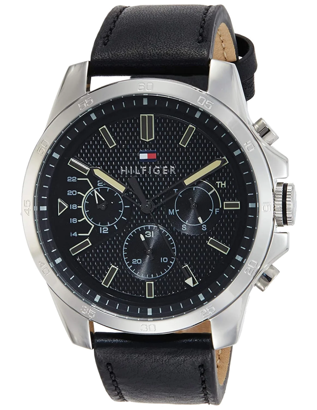 Montre Homme Tommy Hilfiger 1791563 - Cadran Bleu Soleillé, Boîtier Acier, Bracelet Cuir Noir