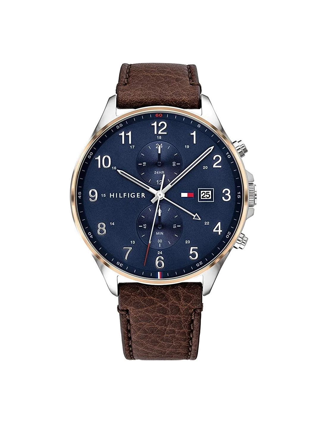 Montre Homme Tommy Hilfiger 1791712 Boîtier Argenté, Cadran Bleu, Bracelet Cuir Marron