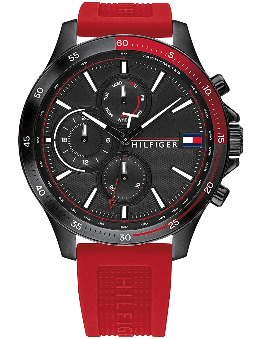 Montre Homme Tommy Hilfiger 1791722 - Boîtier Acier Noir, Cadran Noir, Bracelet Silicone Rouge