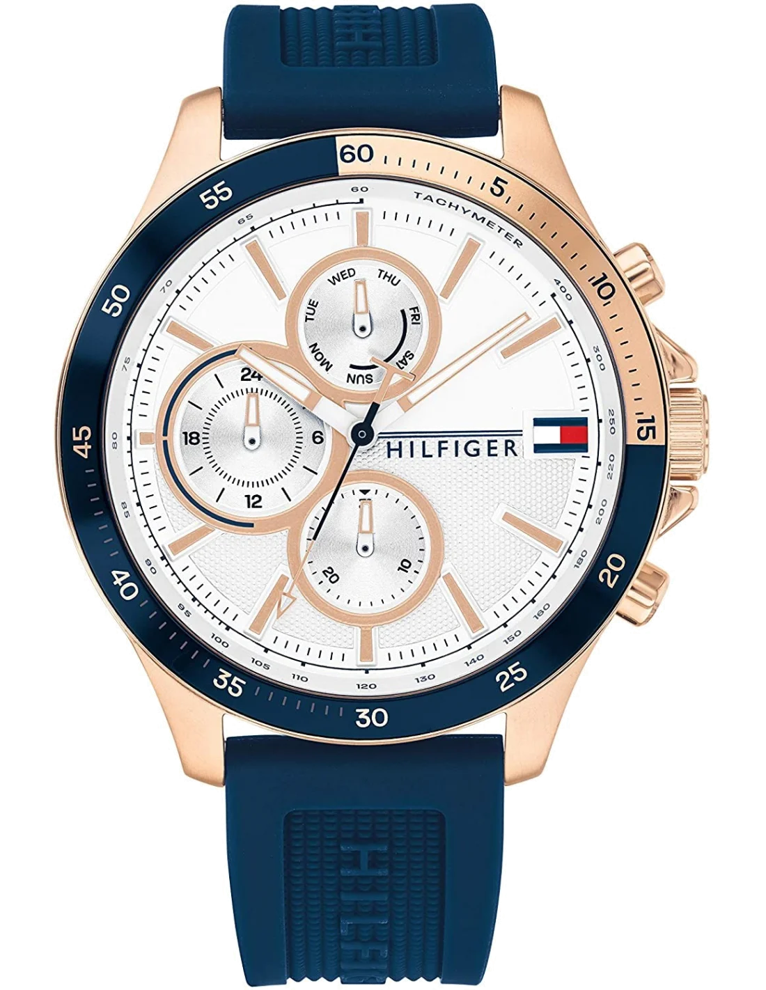 Montre Homme Tommy Hilfiger 1791778 Bank - Cadran Argent, Boîtier Or Rose, Bracelet Silicone Bleu