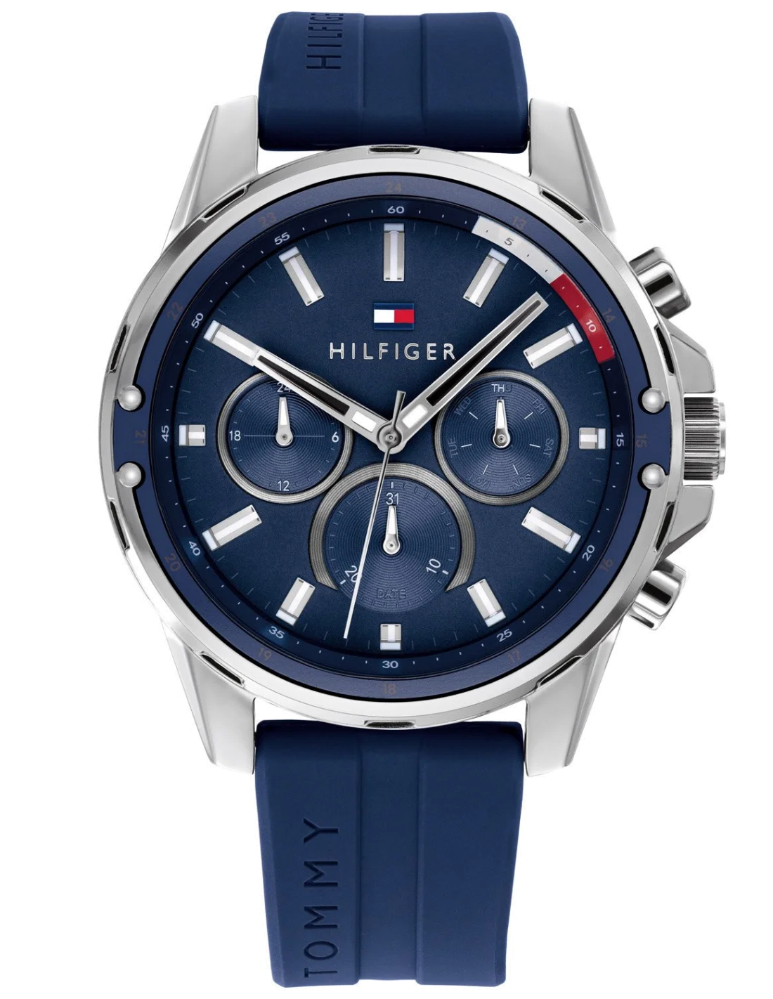 Montre Homme Tommy Hilfiger 1791791 - Boîtier 45 mm argenté, cadran et bracelet silicone bleu