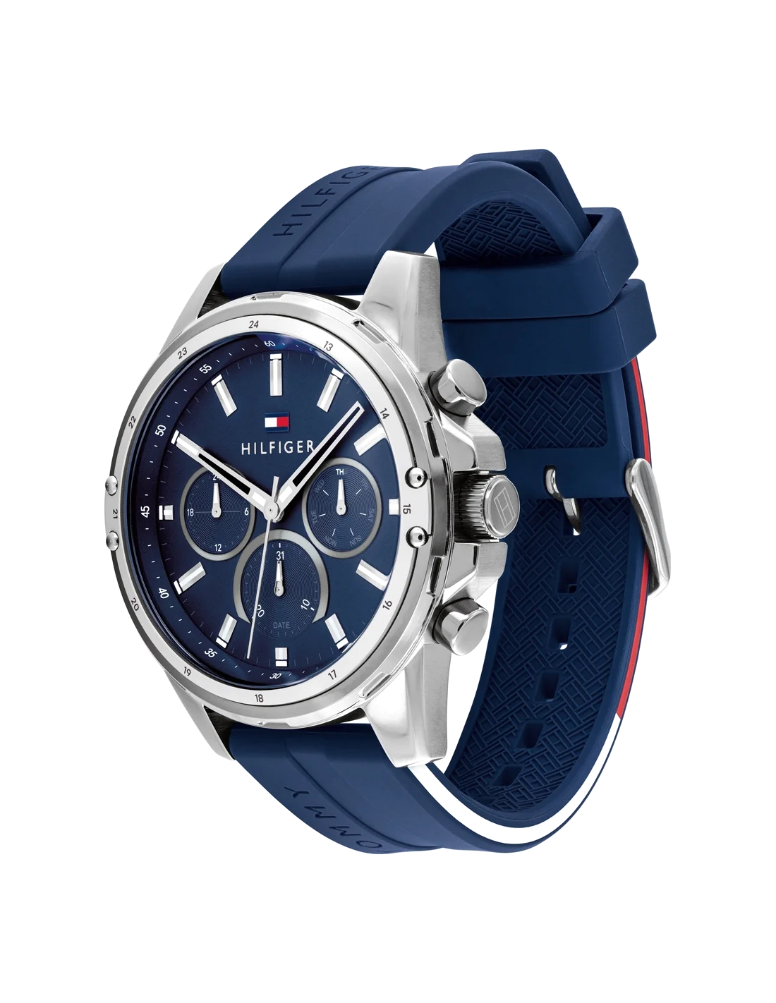 Montre Homme Tommy Hilfiger 1791791 - Boîtier 45 mm argenté, cadran et bracelet silicone bleu vue 2