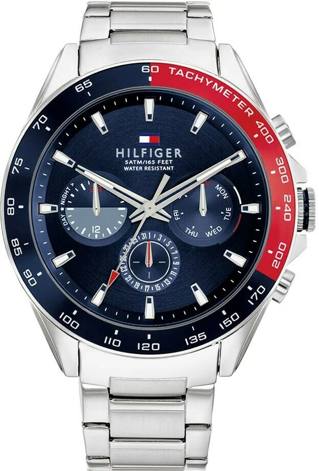 Montre Homme Tommy Hilfiger 1791968 - Boîtier Acier Argenté 46mm, Cadran Bleu Multifonctions