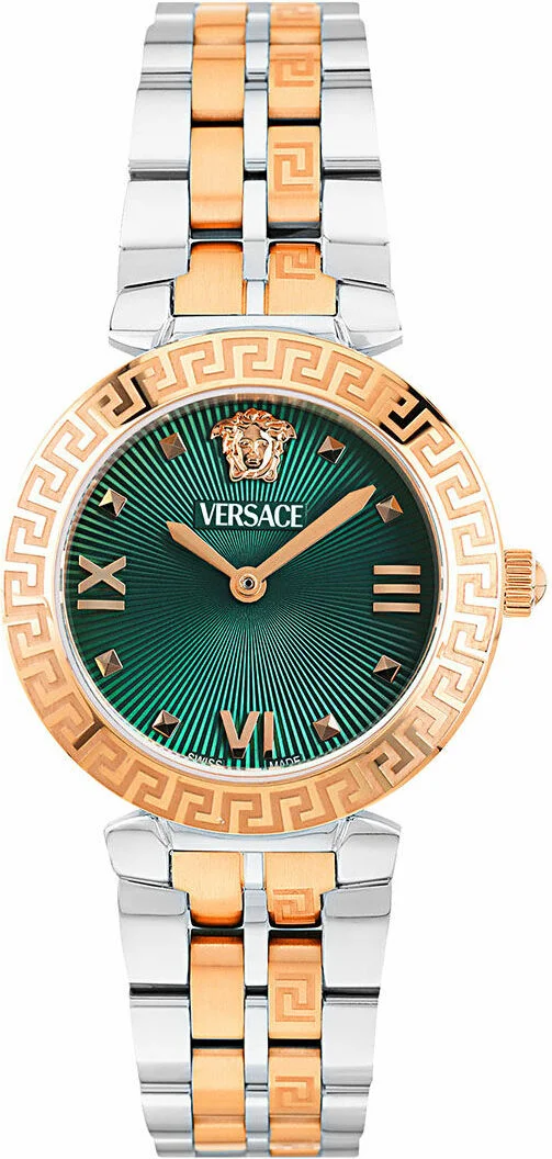 Montre Versace VEOCA0224 pour Femme, Cadran Vert Soleillé, Boîtier Acier Bicolore Argent et Or Rose