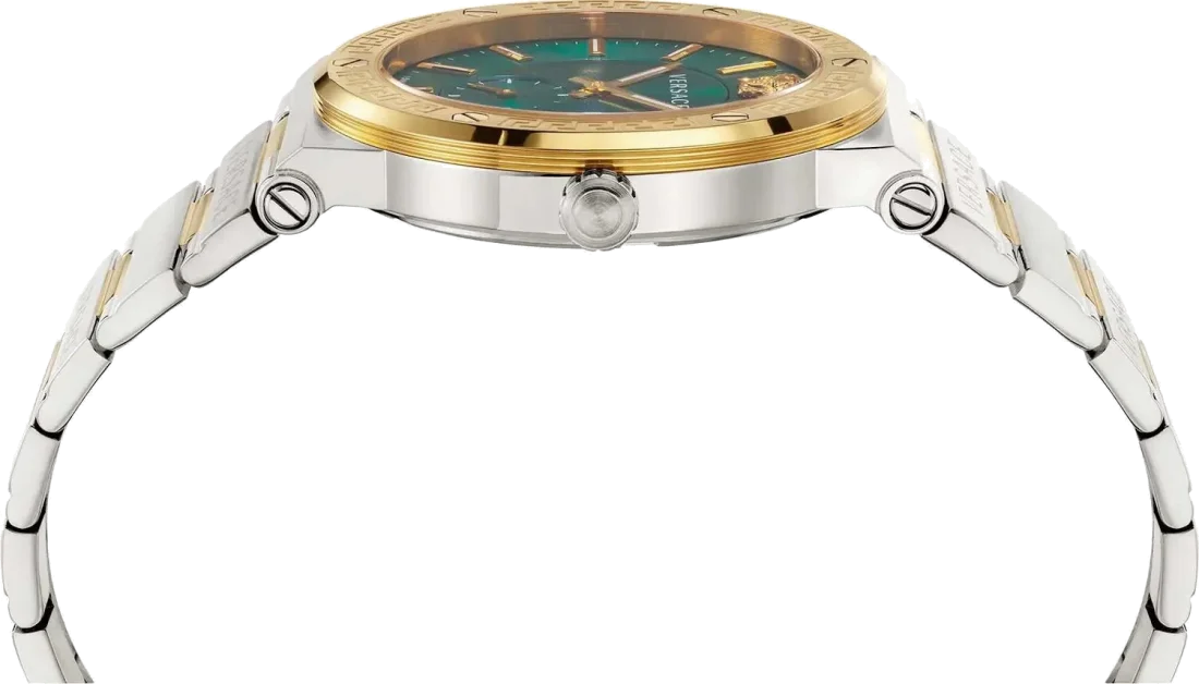 Montre Versace Greca Logo VEVI00420 pour Homme - Cadran vert, bracelet acier argent et or vue 4