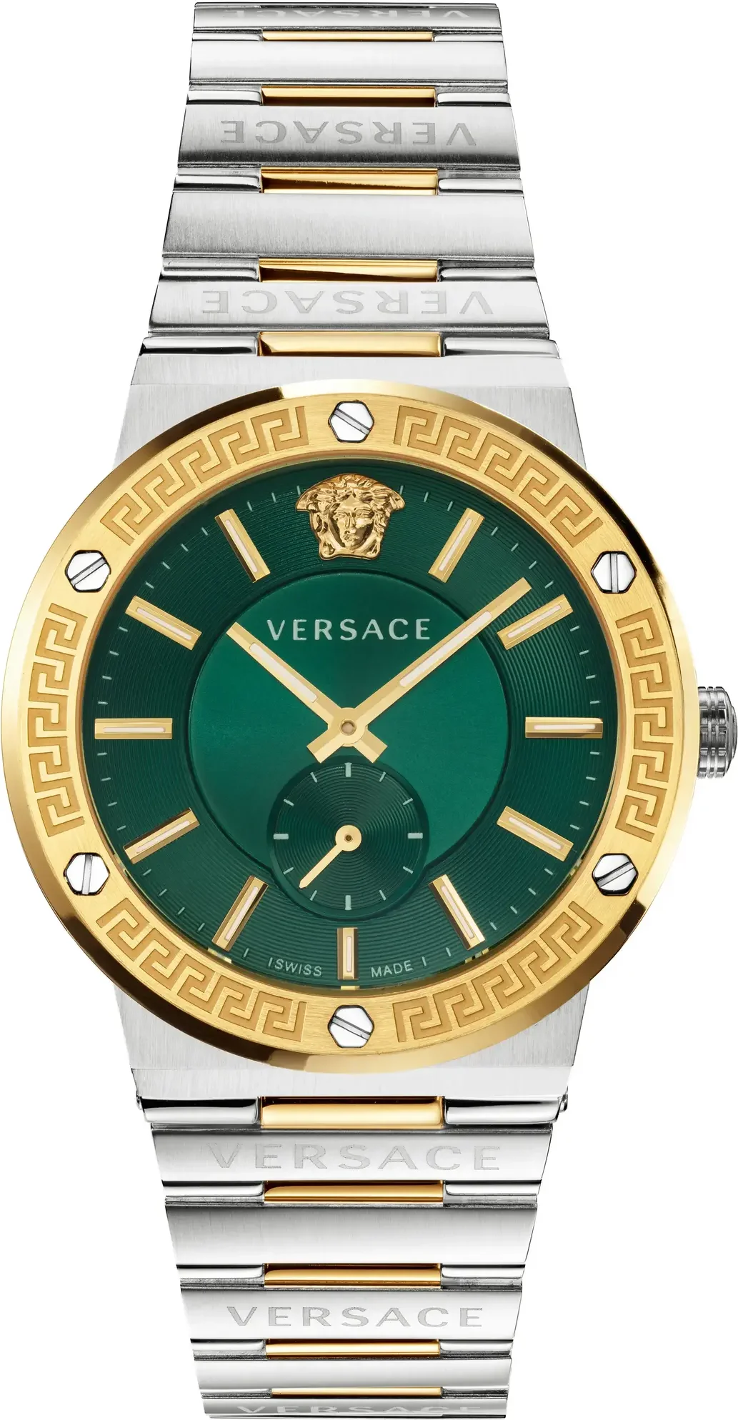 Montre Versace Greca Logo VEVI00420 pour Homme - Cadran vert, bracelet acier argent et or