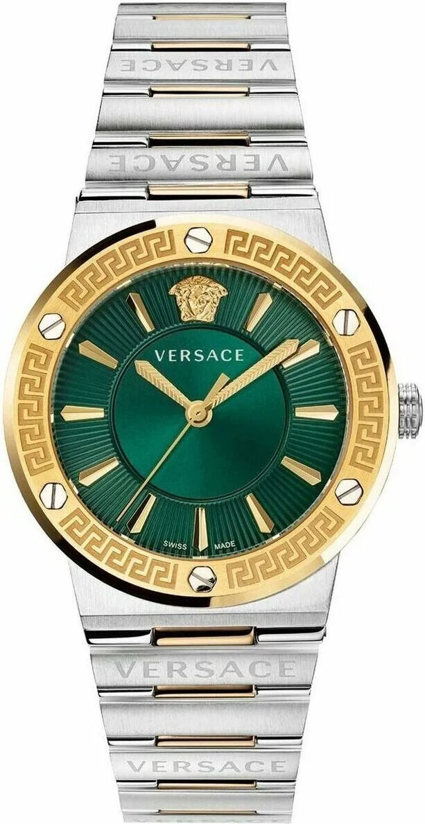 Montre Versace Greca Logo VEVH00720 pour Femme - Cadran Vert, Bracelet Acier Argenté et Doré
