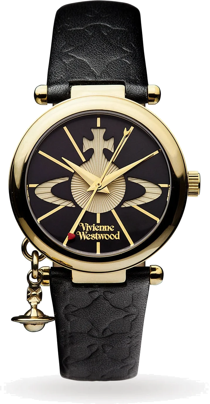 Montre Femme Vivienne Westwood Orb II - Boîtier or, cadran et bracelet cuir noir - Réf. VV006BKGD
