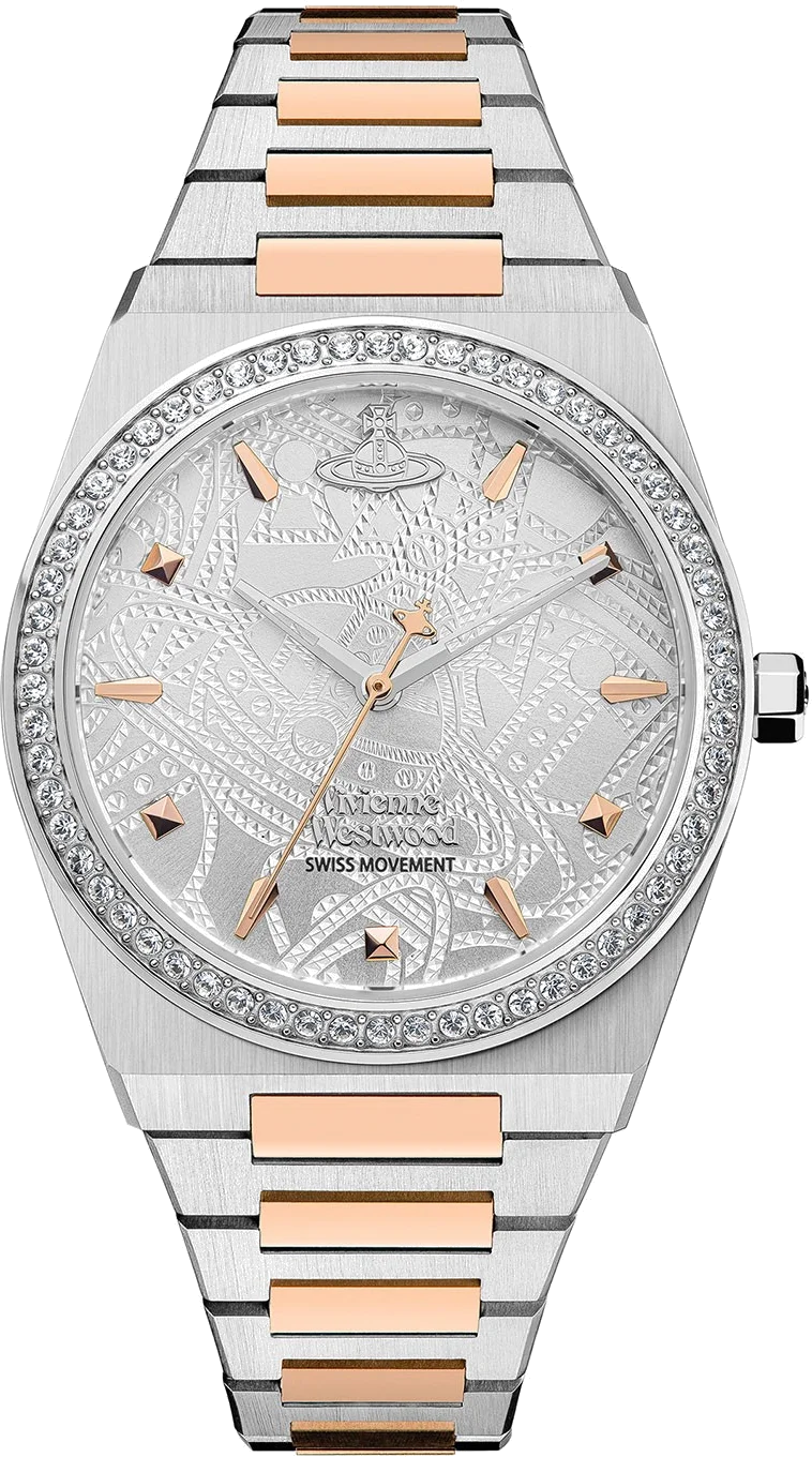 Montre Femme Vivienne Westwood VV244WSSR - Cadran Tonneau Argent, Bracelet Bicolore Acier & Or Rose, Boîtier Serti de Strass