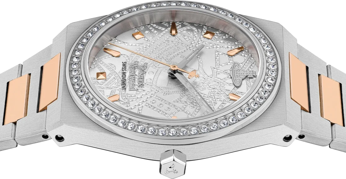 Montre Femme Vivienne Westwood VV244WSSR - Cadran Tonneau Argent, Bracelet Bicolore Acier & Or Rose, Boîtier Serti de Strass vue 3