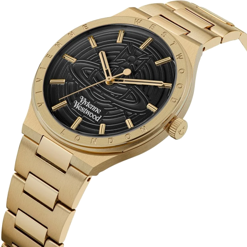 Montre Vivienne Westwood Eltham VV249BKGD - Boîtier et bracelet or acier - Cadran noir - Unisexe vue 2